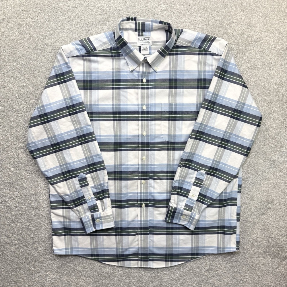 LL Bean Plaid Button Down Shirt Mens 17.5-35 Traditional Fit Cotton Blue Green